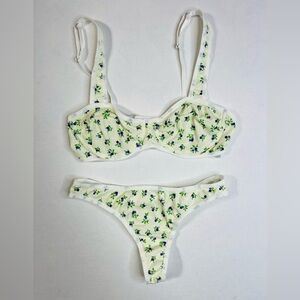 NWOT Butter Yellow and Blue Purple Floral Ribbed Lingerie Bra and Thong Set